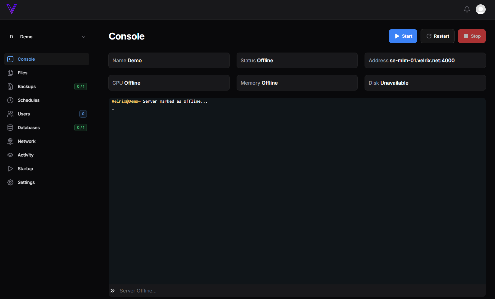 Screenshot of the Velrix control panel